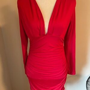 Gobles Red vneck long sleeved ruched body con mini cocktail dress